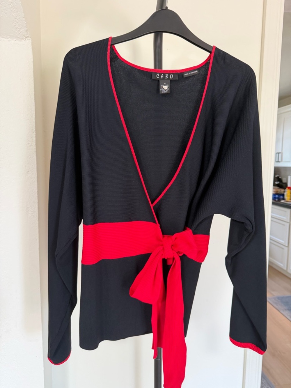 CABO Black Red Wrap Top Tie Waist Long Sleeve Knit Blouse Size M